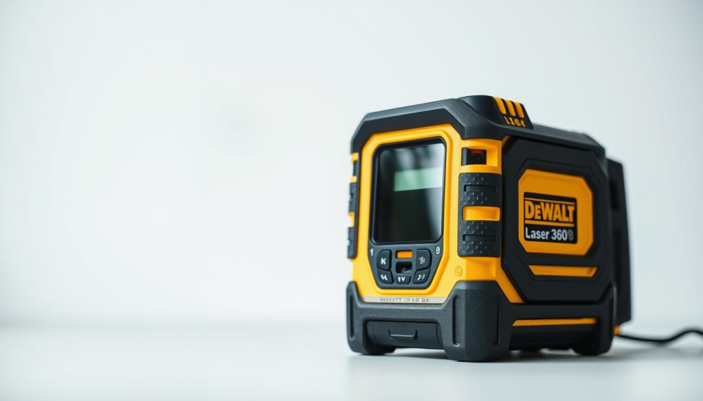 A well-lit, close-up view of a DEWALT Laser 360 device, showcasing its key safety features. The device is positioned on a flat surface, with a clean, minimalist background that allows the details to stand out. The laser emitters are clearly visible, and the sturdy, rubberized casing conveys a sense of durability and reliability. The front-facing display and control buttons are prominently featured, highlighting the intuitive user interface. The overall composition emphasizes the precision, safety, and practical design of this professional-grade laser tool.