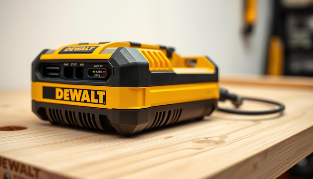 A well-lit, close-up view of a DEWALT battery charger on a clean, wooden workbench. The charger is positioned at a slight angle, highlighting its sleek, industrial design with bold DEWALT branding. The foreground features the charger's charging ports, status lights, and controls, inviting the viewer to inspect the device's maintenance features. The middle ground showcases the charger's durable construction, with a focus on the robust housing and cooling vents. The background subtly fades into a softly-lit, minimalist setting, emphasizing the charger's role as the central subject. Overall, the image conveys a sense of professionalism, attention to detail, and the importance of properly maintaining this essential power tool accessory.