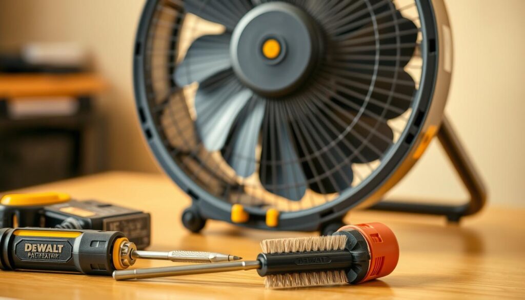 A well-lit, close-up view of a DEWALT battery-powered fan undergoing maintenance. The fan is disassembled, with the battery housing, blades, and motor exposed, showcasing the intricate inner workings. In the foreground, a set of tools, including a screwdriver and cleaning brush, are neatly arranged, suggesting a methodical approach to the maintenance process. The background is softly blurred, placing the focus on the fan's intricate details. The lighting is warm and natural, creating a sense of care and precision in the maintenance task. The overall scene conveys the importance of proper upkeep for ensuring the reliable performance of the DEWALT battery fan.