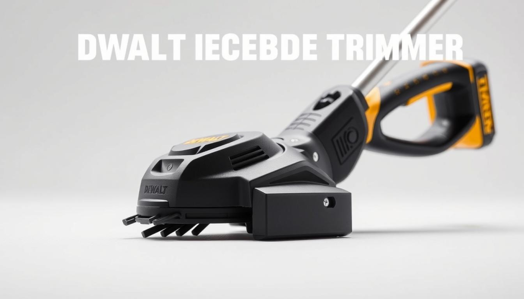 A well-lit, close-up view of a DEWALT cordless edge trimmer, showcasing its key features. The trimmer is positioned in the foreground, with a clean, uniform background that emphasizes the device's sleek design and engineering. The image should capture the trimmer's powerful motor, adjustable guide wheel, and ergonomic handle, highlighting the benefits of effortless lawn edging and a pristine, neatly trimmed yard. The lighting should be soft and natural, creating a sense of quality and precision. The composition should be balanced, with the trimmer taking up a significant portion of the frame to showcase its capabilities.