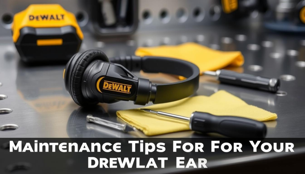 A well-lit, close-up view of a DEWALT earphone set resting on a clean, metal workbench. The earphones are shown in intricate detail, with their sturdy construction and sleek, ergonomic design clearly visible. A set of maintenance tools, such as a small screwdriver and a cleaning cloth, are neatly arranged next to the earphones, suggesting the care and attention required to keep them in top condition. The scene conveys a sense of professionalism and attention to detail, perfectly suited to illustrate the "Maintenance Tips for Your DEWALT Earphones" section of the article.
