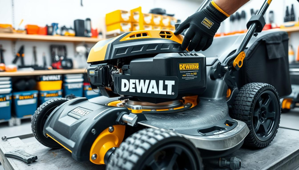 A well-lit, close-up view of a DEWALT gas lawn mower undergoing routine maintenance. The mower is positioned on a clean, well-organized workbench, with various tools and maintenance supplies neatly arranged around it. The mower's exterior is meticulously detailed, showcasing its durable, high-quality construction. In the foreground, a mechanic's gloved hands are performing a careful inspection of the engine, while the background features a clean, bright workshop environment with shelves of DEWALT-branded products. The overall scene conveys a sense of professionalism, attention to detail, and the importance of proper maintenance for ensuring the long-term performance and reliability of a DEWALT gas lawn mower.