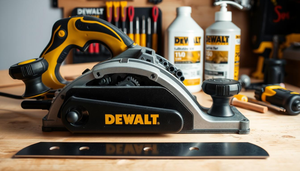 A well-lit, close-up view of a DEWALT hand planer undergoing maintenance. The planer is positioned on a clean, wooden workbench, allowing for clear visibility of its internal components. The foreground showcases the planer's blade, carefully removed and laid out, ready for inspection and sharpening. The middle ground features the planer's body, its panels open, revealing the intricate gears and mechanisms that power its operation. In the background, a selection of DEWALT-branded tools and supplies, such as a screwdriver set and lubricating oil, are neatly arranged, suggesting a methodical and organized approach to maintaining the planer. The overall atmosphere conveys a sense of precision, attention to detail, and the importance of proper care for this essential woodworking tool.