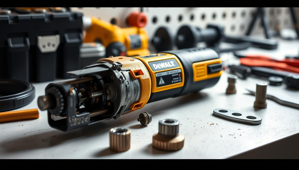 A well-lit, close-up view of a DEWALT hand tool undergoing maintenance, captured with a professional-grade camera lens. The tool is disassembled, with various components neatly arranged on a clean, organized workbench. The lighting is soft and diffused, highlighting the intricate details of the tool's internal mechanisms. The scene conveys a sense of precision, care, and attention to detail, reflecting the importance of proper maintenance for ensuring the longevity and performance of DEWALT hand tools.