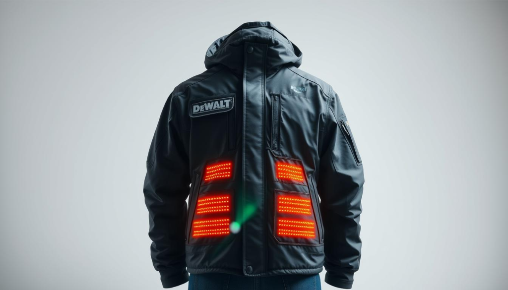A well-lit, close-up view of a DEWALT heated jacket, showcasing its key features. The jacket is displayed against a clean, white background, allowing the details to stand out. The lighting is bright and diffused, creating a professional, product-focused atmosphere. The camera angle is slightly elevated, providing a clear, three-dimensional perspective of the jacket's design and construction. The jacket is visible from the chest up, highlighting the integrated heating elements, control panel, and any other distinctive design elements. The image should convey the high-quality, durable, and technologically advanced nature of the DEWALT heated jacket.