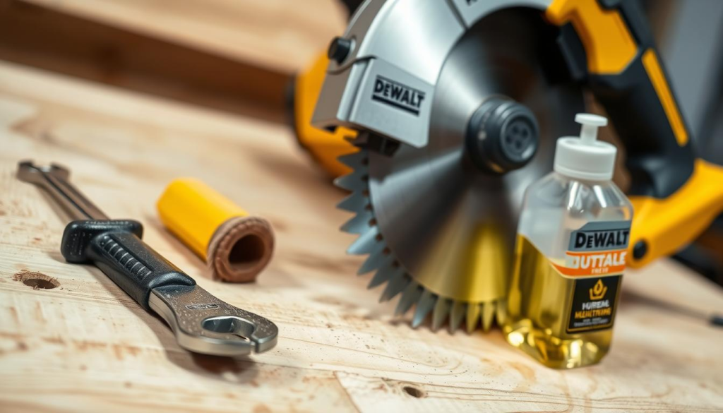 A well-lit, close-up view of a DEWALT metal cutting saw, resting on a clean, wooden workbench. The saw's blade is exposed, revealing its sharp, serrated teeth. Nearby, an assortment of maintenance tools are neatly arranged, including a wrench, brush, and lubricating oil. The scene conveys a sense of precision and care, highlighting the importance of proper saw maintenance for achieving effortless, accurate cuts. The lighting is soft and evenly distributed, emphasizing the saw's sturdy, high-quality construction. The background is slightly blurred, keeping the focus on the saw and its maintenance accessories.