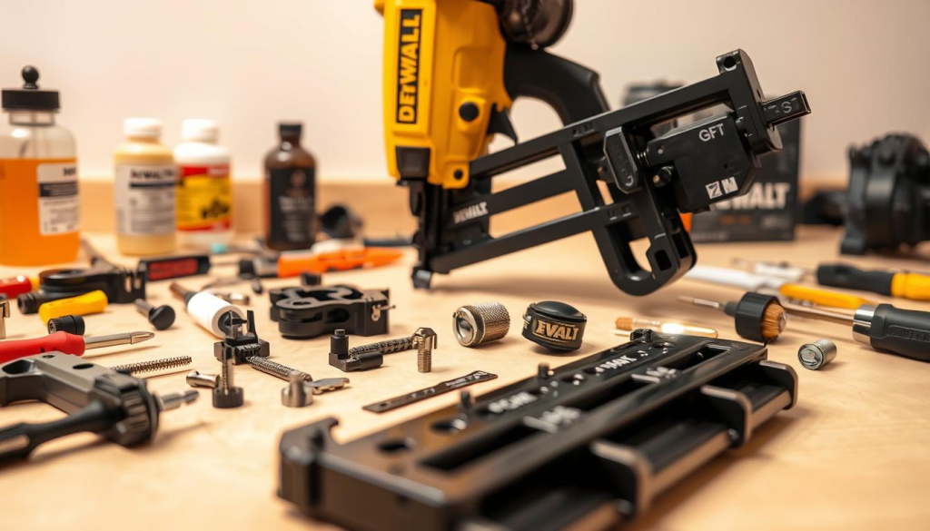 A well-lit, close-up view of a DEWALT nail gun undergoing meticulous maintenance. The foreground features the disassembled components of the gun, with each piece displayed in an organized manner, showcasing its intricate design and construction. The middle ground highlights the various tools used for the maintenance process, such as screwdrivers, brushes, and cleaning solutions, all neatly arranged. The background is a clean, neutral workspace, emphasizing the importance of a organized, professional setting for maintaining the DEWALT gun. The overall composition conveys a sense of care, attention to detail, and a commitment to preserving the longevity and performance of this essential worksite tool.
