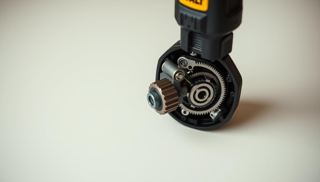 A well-lit, close-up view of a DEWALT right angle attachment, showcasing its internal mechanisms and components in meticulous detail. The attachment is positioned on a clean, neutral-colored surface, allowing the focus to remain on its intricate engineering. Crisp, high-resolution photography with a shallow depth of field highlights the various gears, bearings, and moving parts that contribute to the attachment's precision and durability. The overall mood is one of technical precision and careful maintenance, conveying the importance of proper care for ensuring the longevity of this specialized power tool accessory.