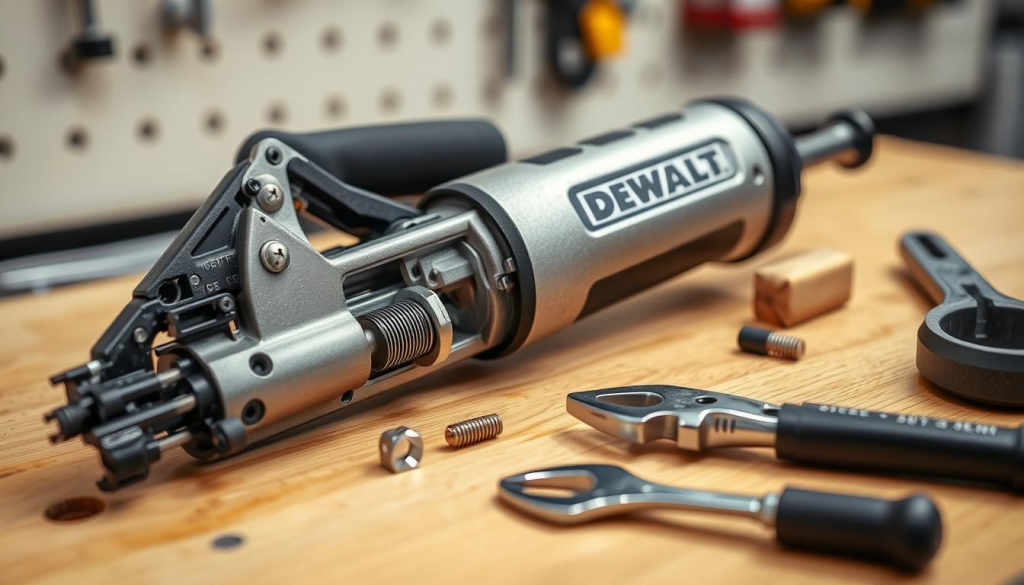 A well-lit, close-up view of a DEWALT rivet gun with a metallic silver body and black accents. The rivet gun is disassembled, its components neatly arranged on a clean, wooden workbench. The foreground showcases the rivet gun's internal mechanisms, including the trigger, spring, and jaws, with a focus on the precision engineering and attention to detail. The middle ground features various maintenance tools, such as a wrench, pliers, and a brush, suggesting the steps involved in cleaning and servicing the tool. The background is slightly blurred, creating a sense of depth and emphasizing the intricate details of the rivet gun itself. The overall mood is one of professionalism and technical expertise, inviting the viewer to appreciate the craftsmanship and care required to maintain this reliable metalworking tool.