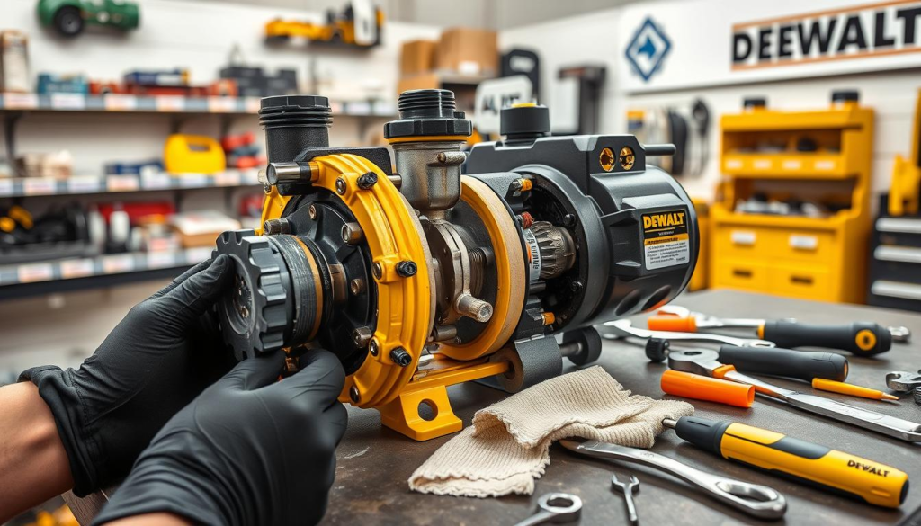 A well-lit, close-up view of a DEWALT transfer pump undergoing maintenance. The pump is disassembled, revealing its internal components, including the impeller, valves, and seals. The foreground shows a pair of gloved hands carefully inspecting and cleaning the parts. The middle ground displays an array of tools, such as wrenches, screwdrivers, and a cleaning rag, neatly arranged on a workbench. The background features a clean, organized workshop setting, with shelves of spare parts and a DEWALT logo prominently displayed. The overall atmosphere conveys a sense of precision, attention to detail, and the importance of proper maintenance for reliable DEWALT pump performance.