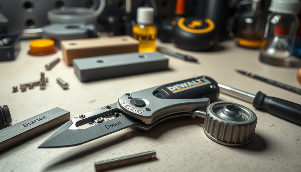 A well-lit close-up view of a DEWALT utility knife undergoing maintenance. The knife is positioned on a clean, organized workbench, surrounded by various tools and supplies such as a sharpening stone, screwdrivers, and a small container of lubricating oil. The scene conveys a sense of precision and attention to detail, with a focus on the knife's internal mechanisms and the steps required to keep it in optimal working condition. The lighting is soft and directional, highlighting the knife's sleek, metallic design and the intricate components that make up its construction. The overall mood is one of professionalism and dedication to maintaining a reliable, high-quality tool.