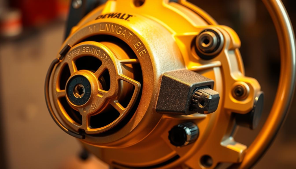 A well-lit, close-up view of a DEWALT weed eater head, showcasing its intricate components. The brushed metal surface gleams under warm, directional lighting, highlighting the trimmer spool, guard, and adjustment knobs. The depth of field is moderate, blurring the background to direct the viewer's attention to the maintenance-focused details. The overall mood is one of technical precision and practical utility, reflecting the subject matter of the article section.