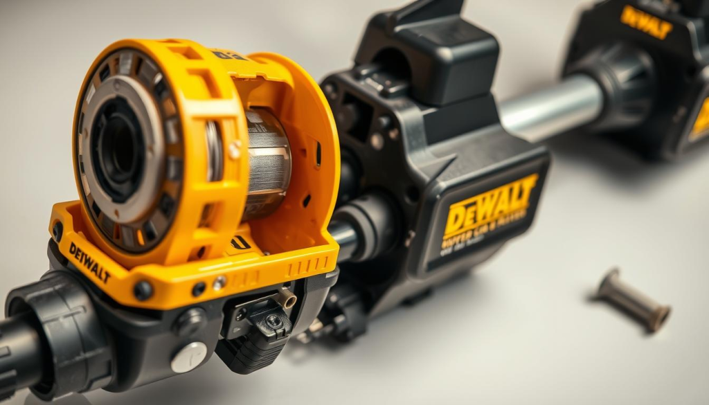 A well-lit, close-up view of a Dewalt 20V cordless weed eater undergoing routine maintenance. The device is disassembled, with various components such as the spool, trimmer line, and motor exposed, showcasing the intricate inner workings. The background is a clean, neutral workspace, allowing the focus to remain on the tool. Soft, directional lighting highlights the textures and details of the parts, conveying a sense of precision and care. The overall mood is one of technical exploration and attention to detail, reflecting the importance of proper maintenance for the longevity of this powerful cordless trimmer.