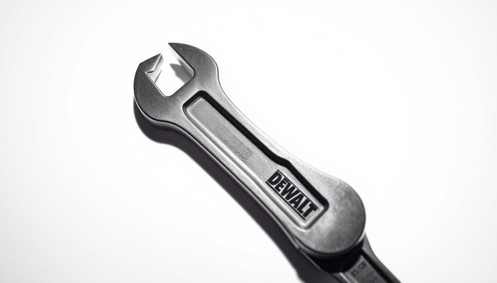 A well-lit, close-up view of a Dewalt adjustable wrench, set against a clean, white background. The wrench is in the center of the frame, its sturdy metal construction and sleek design clearly visible. The jaws of the wrench are slightly open, revealing the internal mechanisms and intricate teeth that allow for precise adjustment. Soft shadows cast by the wrench create depth and dimension, highlighting its form and function. The overall mood is one of technical precision and attention to detail, reflecting the importance of proper maintenance for this essential tool.