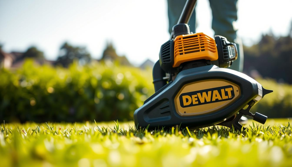 A well-lit, close-up view of a Dewalt lawn edger against a blurred natural backdrop. The edger is positioned prominently in the foreground, showcasing its powerful motor, sturdy construction, and sharp blades. The lighting creates dynamic shadows, emphasizing the tool's rugged design and practical functionality. The middle ground features a neatly trimmed lawn, hinting at the edger's efficient performance. The background blends lush greenery and a clear sky, setting a peaceful, outdoor atmosphere. The overall composition highlights the Dewalt edger's ability to effortlessly maintain a well-manicured yard.