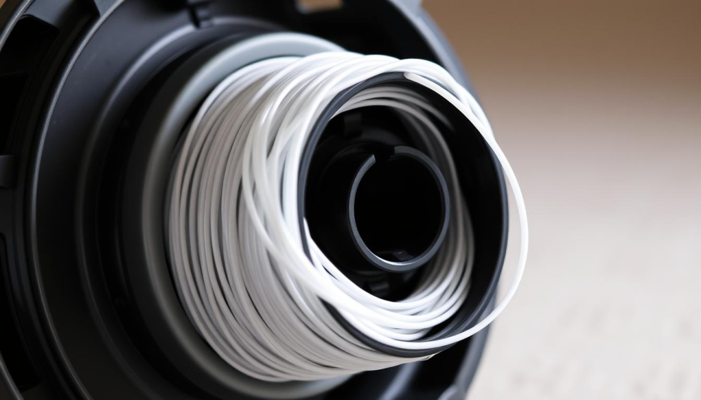 A well-lit, close-up view of a Dewalt string trimmer, its spool of nylon trimmer line prominently displayed. The line is carefully unwound, revealing its individual strands and the intricate coils. The trimmer's housing is clean and well-maintained, conveying a sense of precision and care. The scene is set against a neutral, slightly blurred background, allowing the trimmer and its components to be the focal point. The lighting is soft and diffused, creating a sense of depth and highlighting the texture and details of the trimmer line. The overall mood is one of careful attention to detail and product maintenance, fitting the "Maintenance Tips for Dewalt Weed Eater String" section of the article.