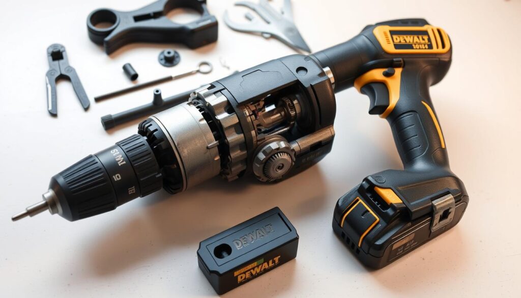 A well-lit, close-up view of a cordless right angle drill, its components disassembled on a clean, organized workbench. The drill's body, motor, gear assembly, and battery are all visible, allowing for a detailed examination of its inner workings. The scene conveys a sense of precision and care, as if the viewer is about to embark on a maintenance routine. Soft, directional lighting illuminates the drill's metallic surfaces, while a neutral background keeps the focus on the tool's intricate design. This image aims to provide a comprehensive visual guide for maintaining a DEWALT right angle drill, highlighting its key parts and the attention required to keep it in optimal working condition.