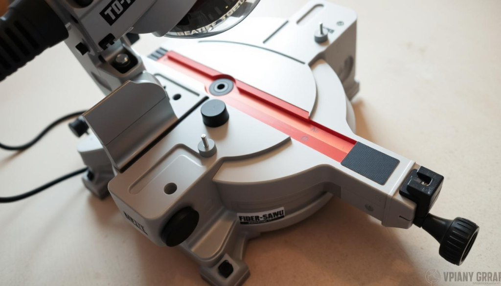 A well-lit, close-up view of a miter saw's user-friendly features, showcasing its intuitive controls and ergonomic design. The saw is positioned on a clean, neutral-toned surface, with the bevel and miter adjustment knobs, blade guard, and dust collection system prominently displayed. The image is captured from a slight angle, emphasizing the saw's compact and streamlined profile. The lighting is soft and diffused, creating a sense of clarity and attention to detail. The overall mood is one of precision, efficiency, and ease of use, highlighting the saw's thoughtful design and accessibility for the operator.
