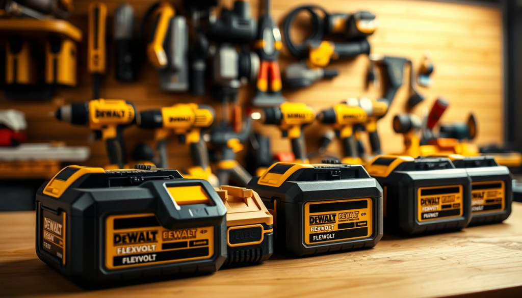A well-lit, close-up view of a set of DEWALT FLEXVOLT battery packs arranged on a clean, wooden workbench. The batteries are presented in the foreground, showcasing their robust, yellow-and-black casing and the DEWALT logo. In the middle ground, various DEWALT tools and accessories are neatly organized, hinting at the versatility of the FLEXVOLT system. The background is softly blurred, conveying a sense of focus on the maintenance and care of these essential power sources. The overall scene evokes a professional, well-maintained workshop environment, encouraging the viewer to consider the importance of proper DEWALT FLEXVOLT battery maintenance.