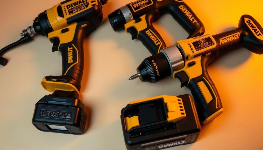 A well-lit, close-up view of a set of DeWalt power tools, showcasing their user-friendly features. The tools are displayed on a clean, neutral background, with warm, diffused lighting accentuating their sleek, ergonomic designs. The image focuses on key details such as the comfortable grip handles, intuitive control buttons, and easily accessible battery compartments, highlighting the tools' intuitive and accessible nature. The composition emphasizes the tools' approachable and practical aspects, conveying a sense of efficiency and ease of use suitable for the "User-Friendly Features" section of the article.