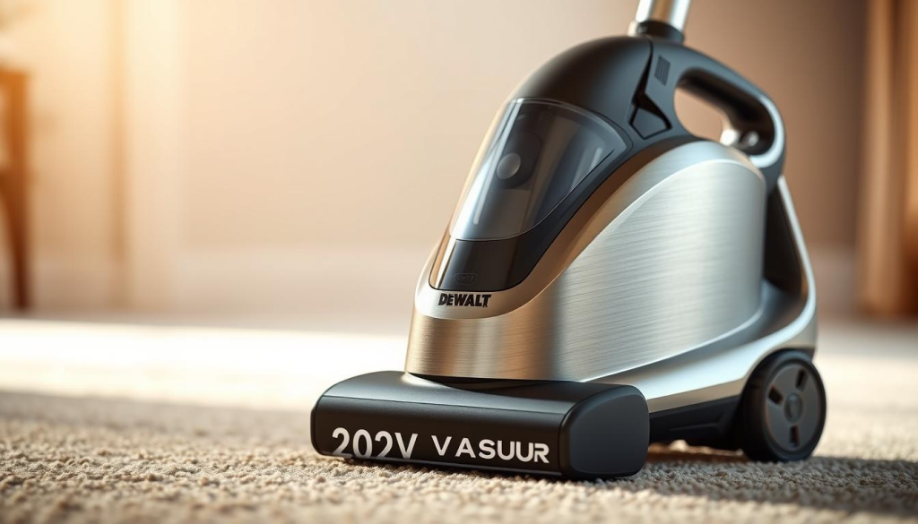 A well-lit, close-up view of a sleek, modern lithium-ion vacuum cleaner. The device is prominently displayed in the foreground, its brushed metal casing and clean, minimalist design creating a sense of high-quality craftsmanship. The middle ground features a blurred, ethereal background, hinting at the cordless nature of the vacuum and its freedom of movement. Soft, warm lighting illuminates the scene, casting gentle shadows and highlights that accentuate the vacuum's form and features. The overall mood is one of efficiency, technology, and effortless cleaning - reflecting the FAQ section's focus on the DEWALT 20V Vacuum's key capabilities.