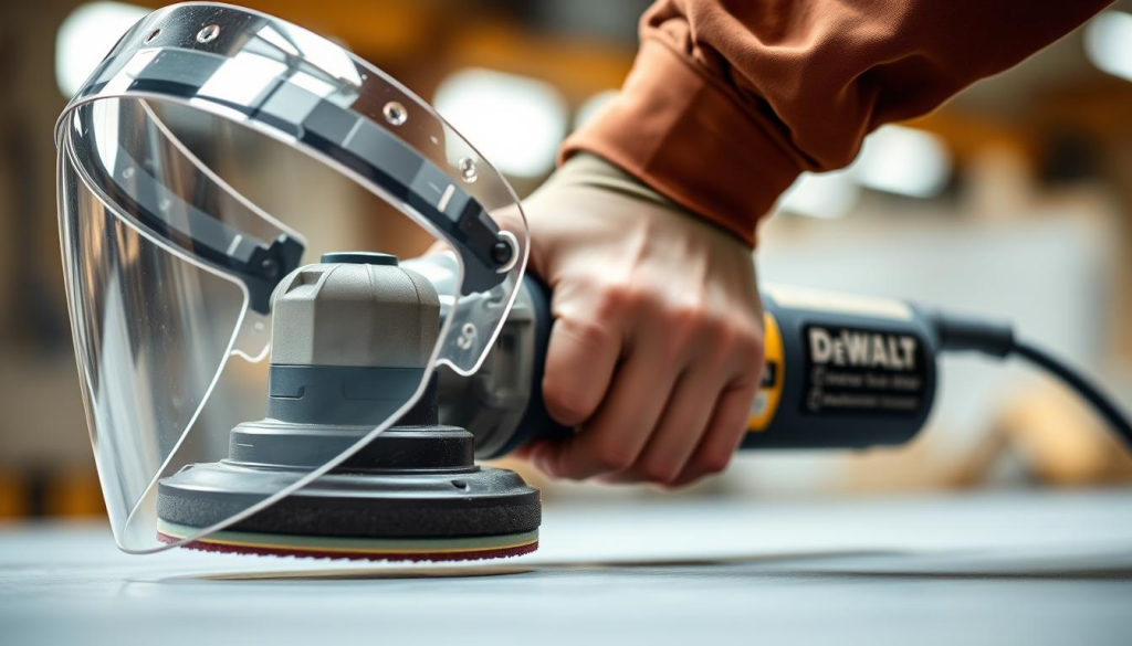 A well-lit close-up view of a worker's hand holding a DeWalt polisher, with safety gear prominently displayed. In the foreground, a safety face shield and a pair of protective goggles are clearly visible, their reflective surfaces catching the light. In the middle ground, the worker's hand firmly grips the polisher's handle, the machine's powerful motor and spinning pad visible. The background is blurred, emphasizing the focus on the safety equipment. The overall atmosphere conveys a sense of professionalism and attention to safety protocols when using a DeWalt polisher.