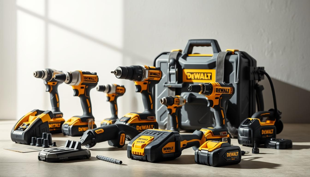 A well-lit, close-up view of the DEWALT XR Combo Kit, showcasing its various power tools and accessories. The kit is displayed on a clean, neutral-colored surface, allowing the tools to take center stage. The lighting is natural and soft, highlighting the sleek, modern design of the kit. The angle emphasizes the depth and layering of the different components, giving a sense of the kit's comprehensive nature. The overall tone is professional and aspirational, conveying the quality and performance that the DEWALT brand is known for.