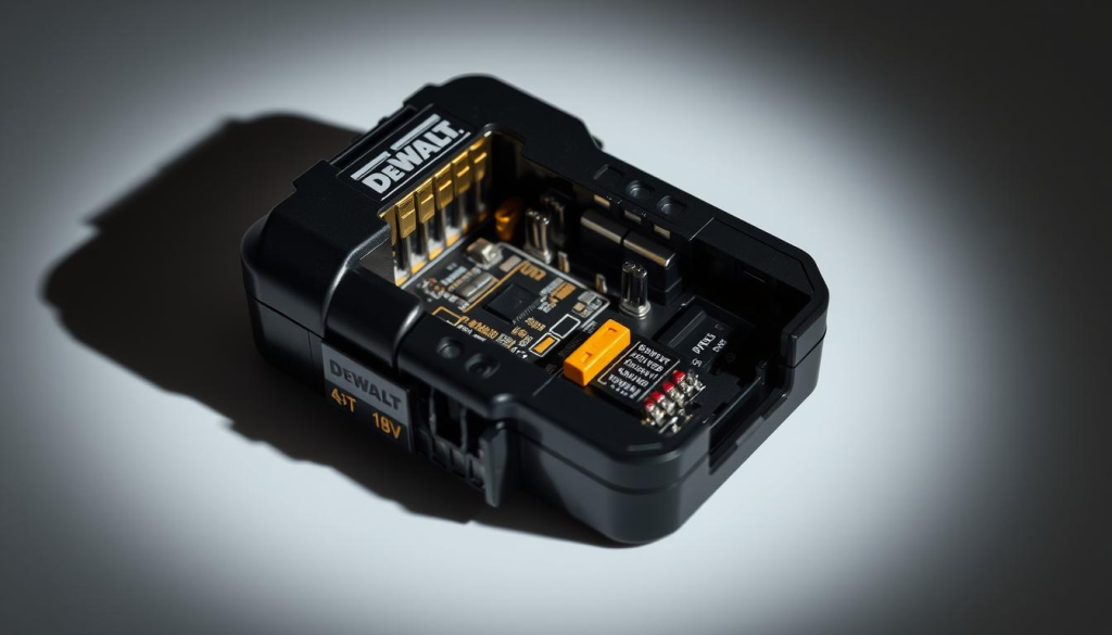 A well-lit closeup of a DeWalt 18V battery adapter, showcasing its intricate internal components. The adapter is disassembled, revealing the circuitry, terminals, and housing in a meticulously organized arrangement. Subtle shadows and reflections enhance the three-dimensional depth, while a neutral, muted color palette lends a professional, technical aesthetic. The image conveys a sense of precision and attention to detail, inviting the viewer to appreciate the engineering behind this power transition accessory.