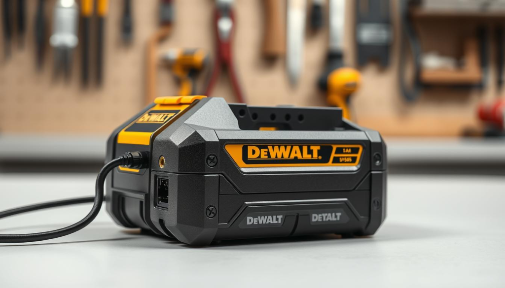 A well-lit, closeup view of a DeWALT power tool charger on a clean, minimalist workbench. The charger is placed prominently in the center, showcasing its rugged, industrial design with details like the branded casing, ports, and status indicators. In the background, a soft, blurred out scene with simple tools and workshop elements, conveying a sense of a professional, organized workspace. The lighting is balanced, with subtle shadows and highlights that accentuate the charger's form and textures. The overall tone is one of precision, functionality, and attention to maintenance for this essential DeWALT accessory.