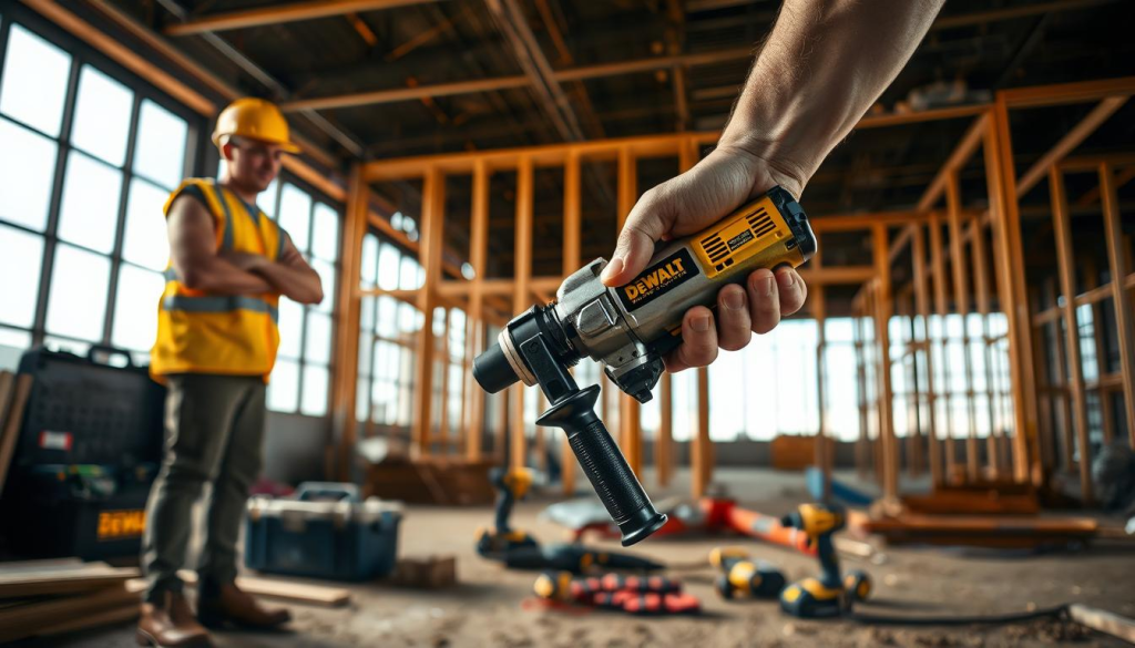 A well-lit construction site with a DEWALT impact gun in the foreground, held by the muscular hand of a skilled worker. The gun's metallic finish gleams under the warm, directional lighting, its powerful mechanism clearly visible. The worker is clad in a safety vest, hard hat, and work boots, conveying a sense of professionalism and functionality. In the middle ground, other construction equipment, such as a toolbox and power tools, are neatly arranged, showcasing the tool's versatility in a variety of industrial settings. The background features the skeletal frame of a new building under construction, hinting at the impact gun's role in the process. The overall atmosphere is one of efficiency, durability, and the reliance on DEWALT's renowned power tools.