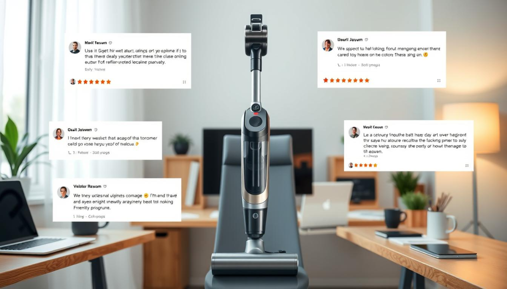 A well-lit, contemporary home office scene with a cordless vacuum cleaner at the center, surrounded by multiple customer review screens and social media testimonials. The vacuum is prominently displayed, with a sleek, modern design and a metallic finish that catches the light. The review screens show positive feedback, five-star ratings, and detailed user comments. The background features a clean, minimalist desk setup, with a laptop, stationery, and other office accessories, conveying a sense of professionalism and reliability. Soft, diffused lighting creates a warm, inviting atmosphere, highlighting the vacuum's features and the positive customer response.