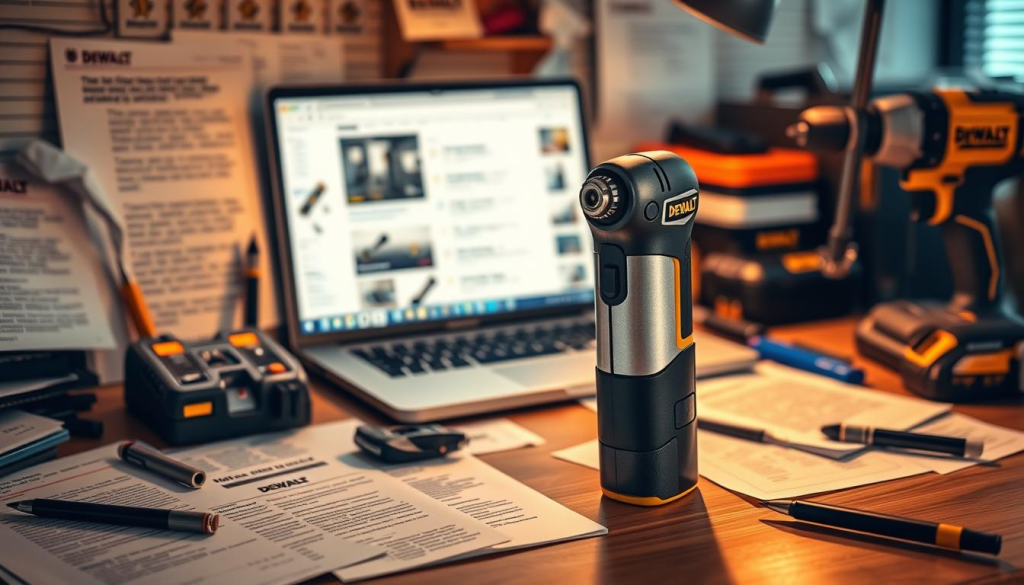 A well-lit desk, with a meticulously arranged array of DEWALT power tools and accessories. In the foreground, a sleek DEWALT vibrating multi-tool, its brushed metal casing gleaming under a warm, directional light. Surrounding it, a collection of customer reviews and feedback, handwritten notes, and printed web pages, conveying a sense of real-world performance evaluation. In the middle ground, a laptop displaying online DEWALT tool ratings and user comments, offering a digital counterpoint to the analog materials. The background subtly blurred, creating a sense of depth and focus on the central product and its evaluation. The overall atmosphere is one of considered, professional assessment, inviting the viewer to envision the DEWALT vibrating tool's smooth, efficient performance through the lens of customer experiences.