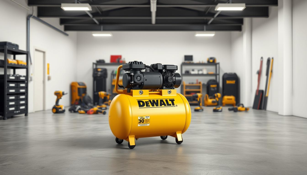 A well-lit, detailed 3D render of a DEWALT 30 gallon air compressor positioned in a clean, modern workshop setting. The compressor is prominently displayed in the foreground, showcasing its robust steel construction, large air tank, and powerful motor. The middle ground features an assortment of DEWALT power tools and accessories, emphasizing the compressor's compatibility and reliability for a variety of workshop applications. The background depicts a minimalist, airy workspace with concrete floors, white walls, and plenty of natural lighting, creating a sleek, professional atmosphere. Accurate technical details are provided, capturing the compressor's dimensions, air flow, and maximum pressure specifications.