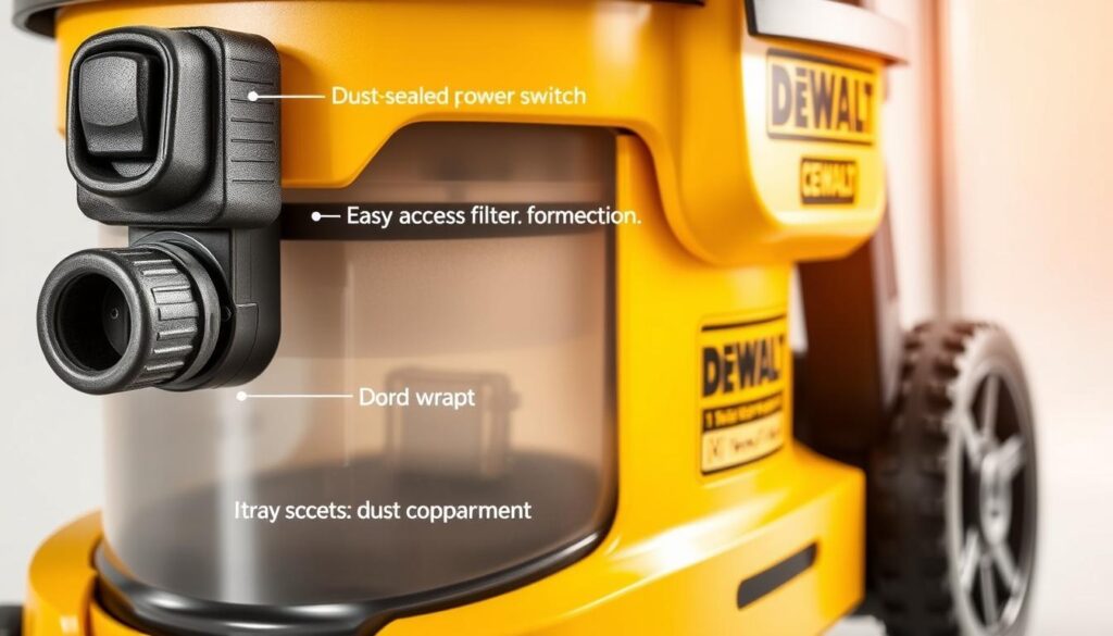 A well-lit, detailed close-up of a DEWALT shop vac, showcasing its key safety features. The foreground prominently displays the sturdy, dust-sealed power switch, the durable cord wrap, and the large transparent dust collection tank. The middle ground highlights the industrial-grade casters and the easy-access filter compartment. The background subtly reveals the sleek, utilitarian design of the vac's body, with a focus on the ergonomic handle and the prominent DEWALT branding. The lighting is crisp and even, with a hint of warm reflections off the polished metal surfaces, conveying a sense of rugged reliability and attention to safety.