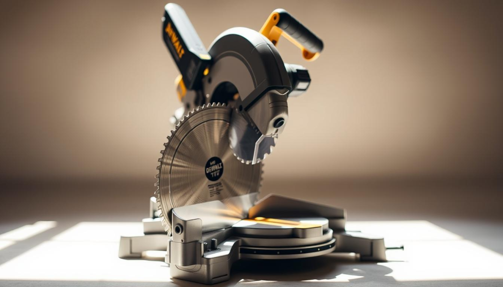 A well-lit, detailed close-up of the Dewalt 779 miter saw, showcasing its powerful performance. The saw is positioned in a clean, neutral workspace, illuminated by natural light from the side, casting dramatic shadows that accentuate its rugged construction and precision engineering. In the foreground, the blade is prominently featured, with a sharply defined edge and subtle reflections, conveying its cutting capability. The middle ground reveals the saw's sturdy base, ergonomic handle, and fine-tuned adjustment controls, while the background subtly fades into a soft, uniform backdrop, allowing the saw to be the central focus. The overall atmosphere is one of professional-grade power and reliability, perfectly suited for the "Performance Analysis of the Dewalt 779" section.