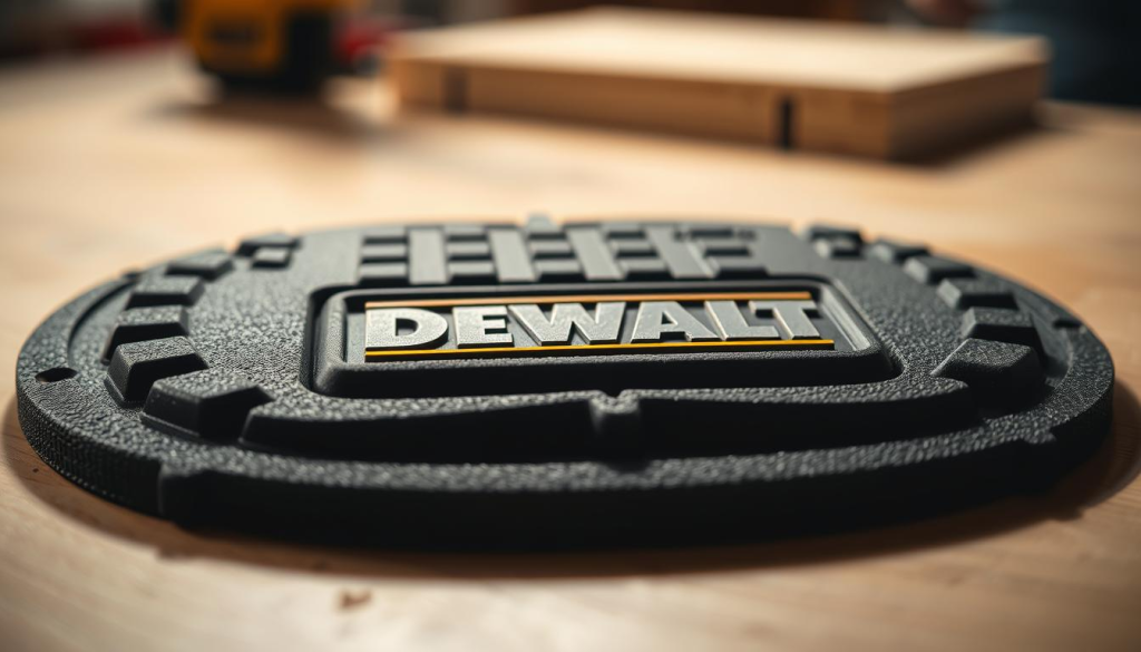 A well-lit, detailed close-up photograph of a DEWALT branded kneeling pad. The pad has a textured surface in a dark charcoal grey color, with the DEWALT logo prominently displayed. The lighting is slightly angled to create depth and highlights the rugged, durable construction of the pad. The background is blurred, keeping the focus on the kneeling pad as the main subject. The image conveys a sense of quality, reliability, and practicality, reflecting the premium nature of the DEWALT brand and the utility of the kneeling pad for woodworking tasks.