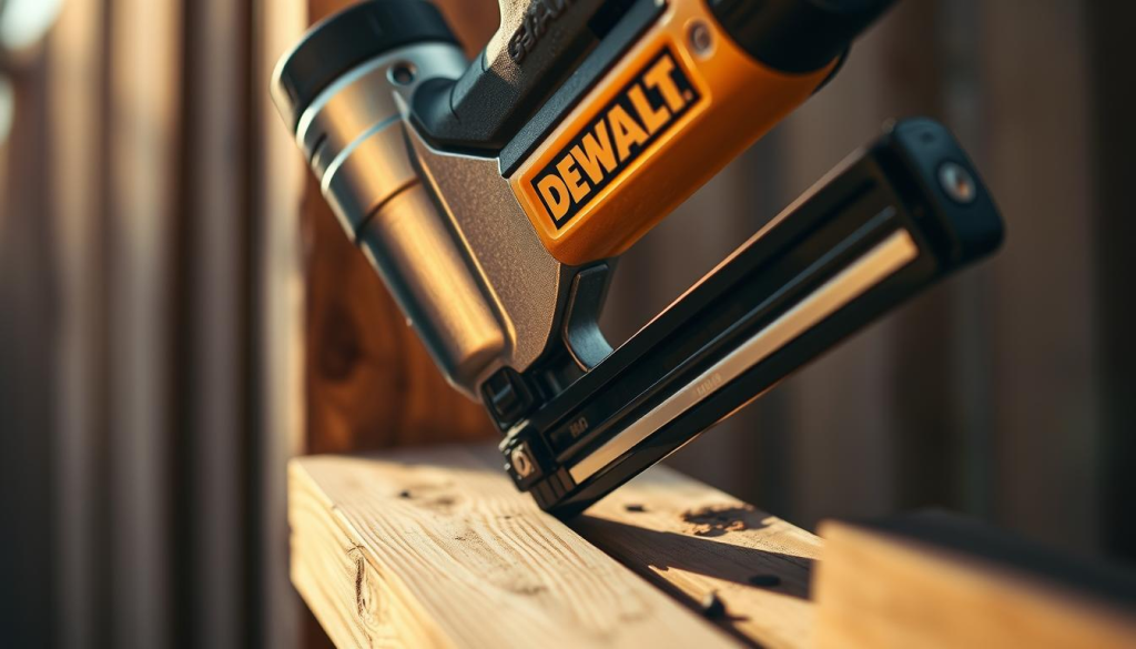 A well-lit, detailed close-up shot of a DEWALT fence stapler being used to secure wooden fence panels. The stapler is positioned at a 45-degree angle, its metallic body shimmering under the warm lighting. Wooden planks and fencing materials are visible in the foreground, showcasing the stapler's practical applications. The background is slightly blurred, maintaining the focus on the stapler and its function. The scene conveys a sense of precision, durability, and the stapler's ability to efficiently fasten materials for a variety of fencing projects.