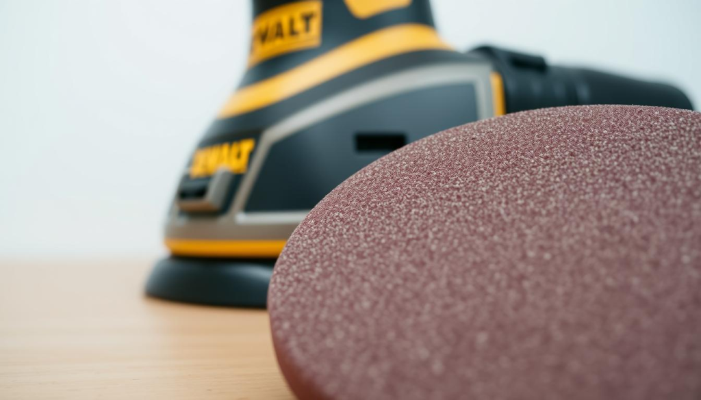 A well-lit, detailed close-up shot of a DEWALT orbital sander replacement pad in the foreground, showcasing its textured surface, edges, and contoured design. In the middle ground, the sander body is partially visible, highlighting its sleek and robust construction. The background is a clean, neutral setting, allowing the sander pad to be the focal point. The lighting is soft and even, emphasizing the pad's material properties and creating subtle shadows that enhance the depth and dimension. The overall composition conveys a sense of precision, professionalism, and the high-quality craftsmanship associated with the DEWALT brand.