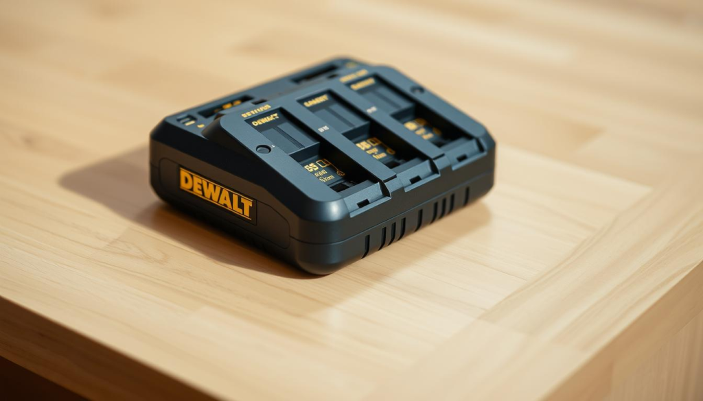A well-lit, detailed close-up shot of the DEWALT 4-battery charger resting on a clean, minimalist wooden surface. The charger is centered in the frame, showcasing its sleek, black and yellow design. The four battery slots are visible, with a sense of depth and dimensionality. Subtle reflections on the charger's surface add a sense of polish and quality. The lighting is natural, slightly diffused, creating soft shadows that accentuate the product's form. The background is blurred, putting the focus entirely on the charger and its key features.
