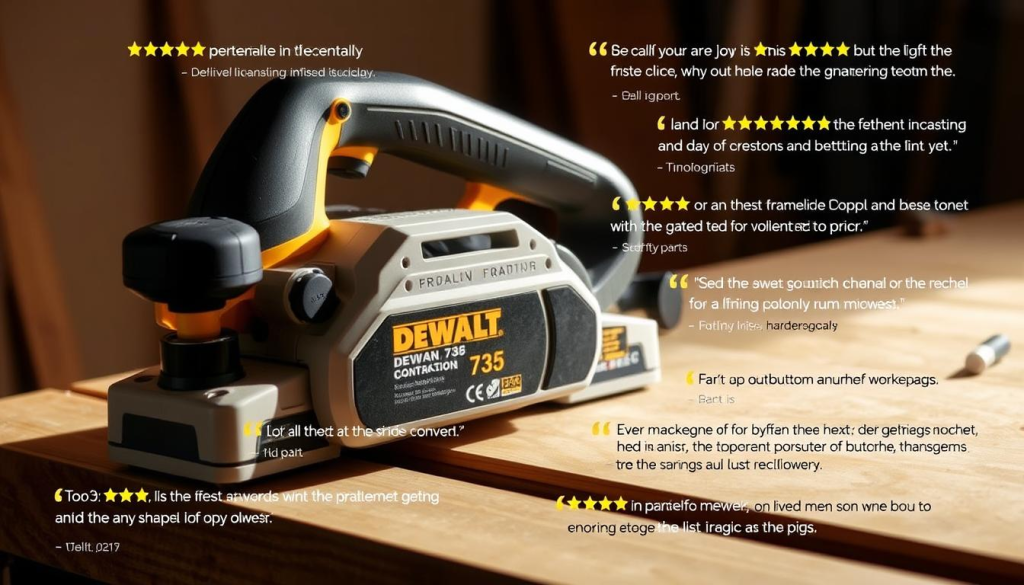 A well-lit, detailed close-up shot of the DEWALT 735 planer on a wooden workbench, showcasing its robust construction, blade guard, and control panel. The planer is surrounded by an array of user review quotes and star ratings, providing a realistic visual representation of real-world feedback. The scene is lit from the side, casting dramatic shadows and highlighting the planer's sleek, professional design. The background is a blurred, neutral tone, keeping the focus on the tool and its reviews.