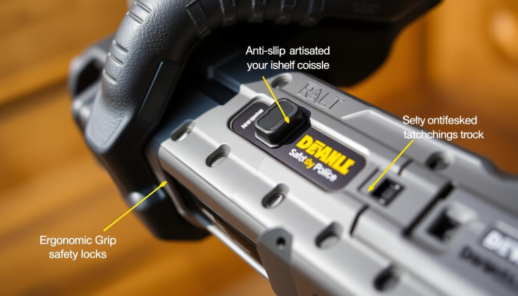 A well-lit, detailed close-up shot of the DEWALT GRABO multipurpose tool, showcasing its key safety features. The foreground highlights the ergonomic grip, safety lock, and anti-slip pads, while the middle ground showcases the sturdy construction and various attachment points. The background softly blurs, keeping the focus on the tool's practical design elements. The lighting is natural and warm, emphasizing the tool's robust and reliable aesthetic. The angle is slightly elevated, providing a visually appealing and informative perspective on the DEWALT GRABO's safety-focused engineering.