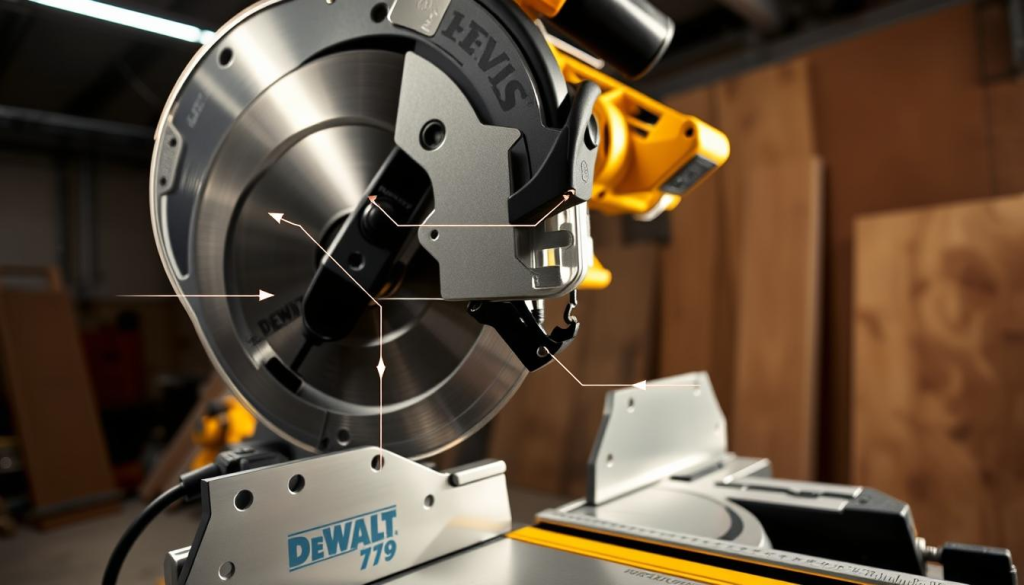 A well-lit, detailed close-up shot of the Dewalt 779 miter saw, showcasing its key safety features. The foreground focuses on the saw's blade guard, trigger, and ergonomic handle, highlighting their robust design and intuitive controls. The middle ground reveals the sturdy base, adjustable fences, and precision miter scale, conveying the tool's stability and accuracy. The background subtly hints at the saw's power and industrial aesthetic, with a subtle, high-contrast lighting setup that emphasizes the tool's professional-grade quality. Captured with a wide-angle lens to provide a comprehensive view of the Dewalt 779's safety-focused engineering.