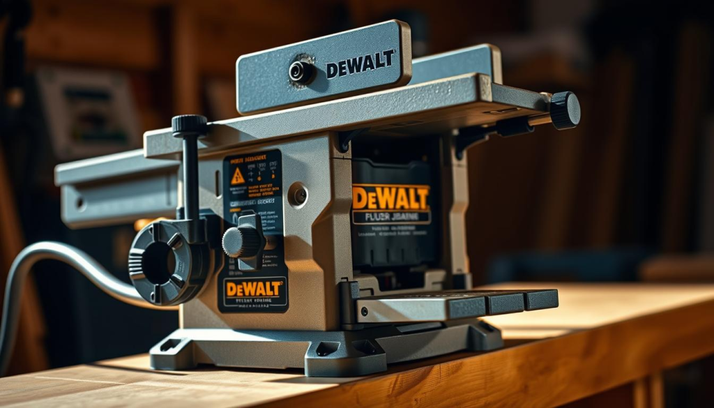 A well-lit, detailed close-up view of a DEWALT jointer on a workbench, showcasing its sturdy design, precision-machined components, and professional-grade features. The jointer is positioned diagonally, allowing for a clear view of its control panel, adjustable fence, and smooth, sturdy table. The scene is bathed in warm, directional lighting, casting shadows that accentuate the tool's depth and texture. The background is blurred, keeping the focus on the jointer and its key attributes that make it an ideal choice for a woodworking or construction project.