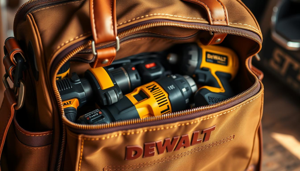 A well-lit, detailed close-up view of a DEWALT tool bag, meticulously maintained and cared for. The bag's exterior displays a sturdy, rugged construction with reinforced corners and durable zippers. The leather handles and accents have a polished, well-conditioned appearance. Inside the bag, various DEWALT power tools and accessories are neatly organized, showcasing the bag's versatility and practicality for job site use. The scene is bathed in warm, directional lighting, emphasizing the high-quality materials and craftsmanship of the DEWALT bag. The overall impression conveys a sense of reliability, functionality, and attention to detail in maintaining essential job site equipment.