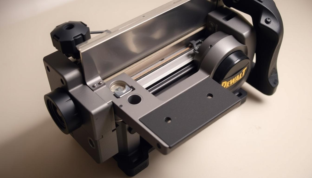 A well-lit, detailed close-up view of a Dewalt 734 planer, showcasing its internal mechanisms and components. The planer is positioned on a clean, neutral background, allowing the focus to remain on the intricate details of the machine. The lighting is soft and directional, casting gentle shadows that accentuate the textures and contours of the planer's surfaces. The camera angle is slightly elevated, providing a comprehensive perspective of the planer's key maintenance areas, such as the blades, rollers, and dust collection system. The overall atmosphere conveys a sense of precision, functionality, and the importance of proper maintenance for this powerful woodworking tool.