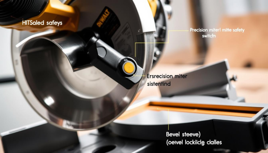 A well-lit, detailed close-up view of the DEWALT 7491RS compound miter saw, showcasing its key safety features. In the foreground, highlight the dust collection port, the transparent blade guard, and the ergonomic handle with safety switch. In the middle ground, capture the precision miter detent system and the bevel locking mechanism. In the background, include the sturdy base and the adjustable work clamps, all rendered in high-resolution with a sharp focus and realistic textures. Convey a sense of durability, safety, and attention to detail that aligns with the saw's premium quality.