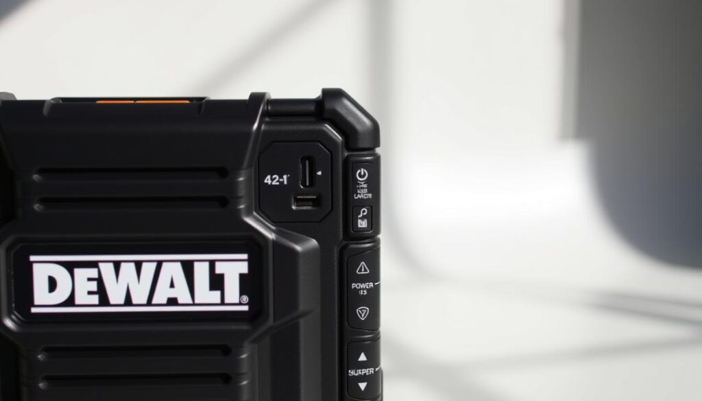A well-lit, detailed close-up view of the DEWALT jump starter 1400 device, showcasing its features. The foreground prominently displays the sturdy, sleek black casing with the DEWALT logo. The middle ground highlights the various ports, buttons, and indicators, such as the USB charging ports, power button, and LED battery level display. The background softly fades into a neutral, clean environment, allowing the device to be the central focus. The lighting is natural and directional, creating subtle shadows that accentuate the product's form and texture. The overall mood is one of professionalism, functionality, and reliability, reflecting the real-world applications of this powerful jump starter.