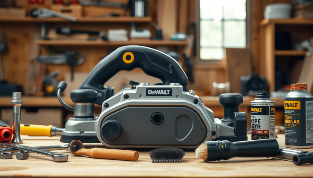 A well-lit, detailed closeup of a Dewalt 735x planer in a woodworking workshop setting. The planer is positioned in the center, its sturdy metal casing and controls sharply in focus. Surrounding it are various maintenance tools, including a set of hex wrenches, a cleaning brush, and a can of lubricant oil. The background features a wooden workbench, shelves with spare parts, and a window letting in soft, natural lighting. The overall mood is one of precision, functionality, and care for this high-performance power tool.