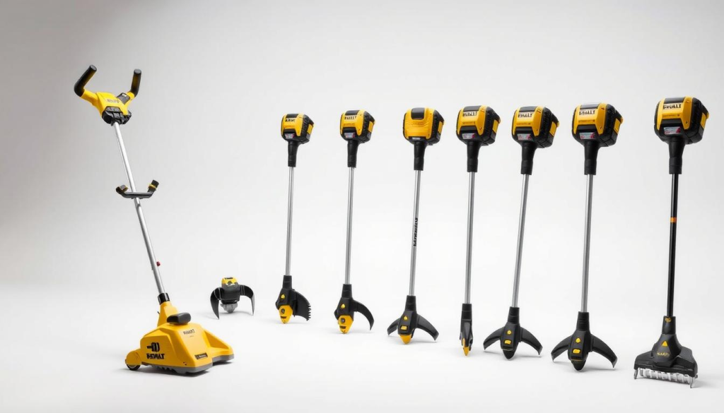 A well-lit, detailed comparison of DeWALT trimmer attachments set against a clean, neutral background. Foreground depicts a selection of DeWALT attachments such as a brush cutter, edger, and line trimmer, displayed at an angle to showcase their features. Middle ground shows the same attachments side-by-side with competitor models for contrast. Background is a simple white or light gray, allowing the products to be the focal point. Lighting is soft and even, accentuating the sleek, high-quality design of the DeWALT tools. The overall mood is professional, informative, and showcases the versatility and performance of the DeWALT trimmer attachment system.