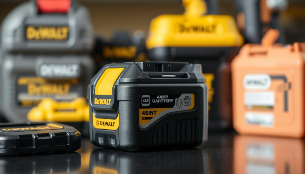 A well-lit, detailed comparison of a Dewalt 4 Amp battery with other battery options. The Dewalt battery is prominently displayed in the foreground, showcasing its sleek design and robust construction. The background features a blurred assortment of alternative batteries, allowing the Dewalt battery to take center stage. The lighting is soft and even, accentuating the battery's textural details and metallic accents. The camera angle is slightly elevated, providing a clear, unobstructed view of the Dewalt battery. The overall mood is one of technical precision and product superiority, inviting the viewer to appreciate the battery's power and reliability.